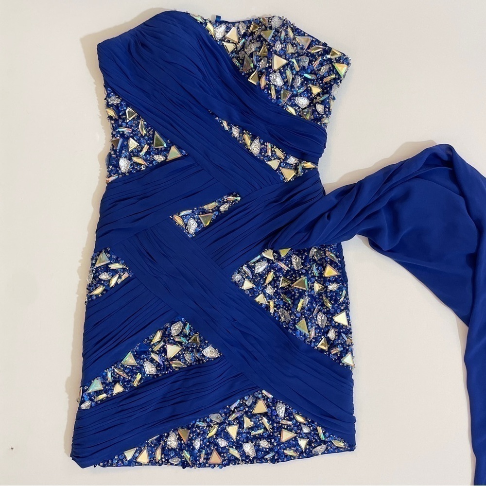 Anny Lee Jeweled Royal Blue Criss Cross Bandage Style Formal Mini Dress XS